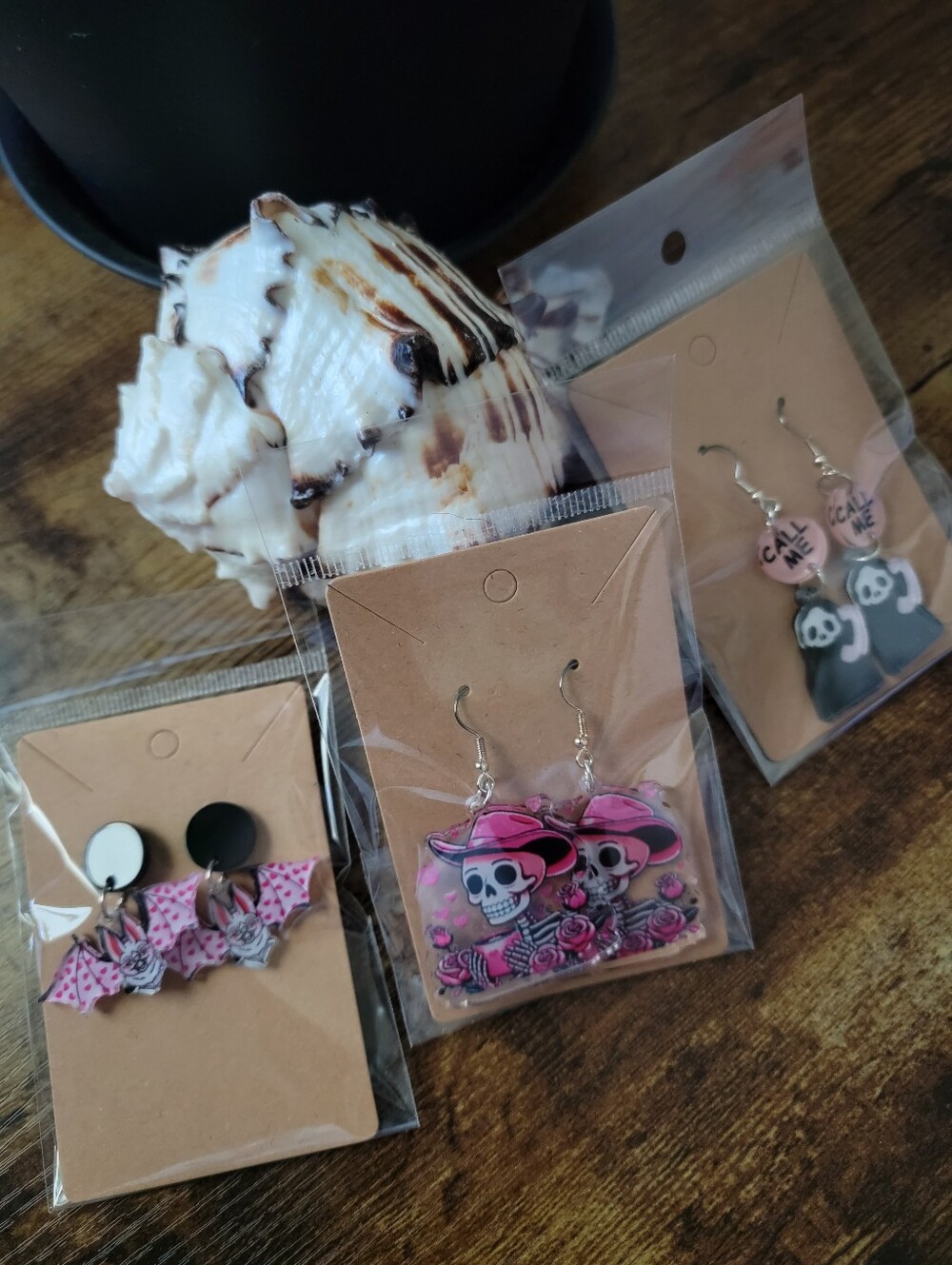 3pcs Pink Skull And Bat Earrings